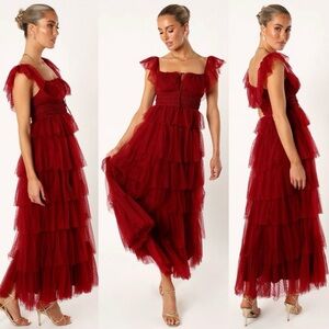 Petal & Pup Elegant Red/maroon tulle Tiered Dress